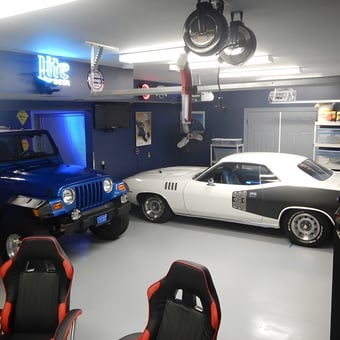 Organized garage with classic cars, storage, and neon signs - luv2gofast from sharpburg, GA