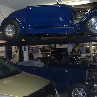 Classic Cars on Four Post Lift in Organized Garage - Randy from Livermore, CA