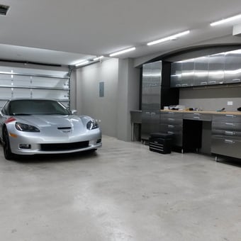 Modern Garage with Stainless Cabinets and Sports Car - Sammy from Grand Cayman, Cayman Islands