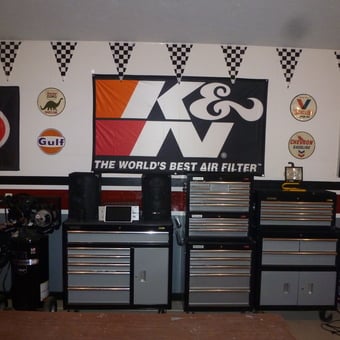 Garage with Tool Chests, Air Compressor, and Racing Decor - butch from Milledgeville, IL