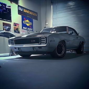 Classic Camaro Z28 in Garage with Racing Decor - Carlos from Salinas, CA