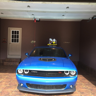 Blue Dodge Challenger in Tiled Garage with Mopar Decor - Mark from Boardman