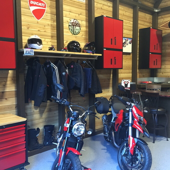 Motorcycles and Red Garage Cabinets Display - Bike Guy from Olalla, WA