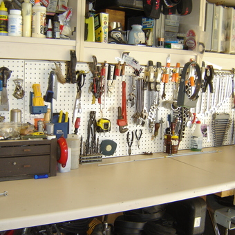 Organized Garage Workbench With Pegboard Tools - Wudchuk from Rialto, CA