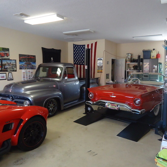 Classic Cars on Four Post Lift in Organized Garage - John from Daytona beach Shores, FL