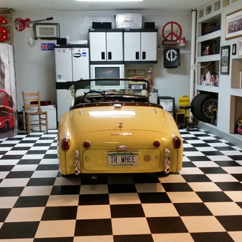 Classic Car Garage with Checkered Floor and Wall Decor - Gasoline Alley from Murrells Inlet, SC