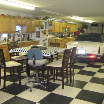 Classic Car Garage with Checkered Floor and Cabinets - Bill from HOFFMAN ESTATES, IL