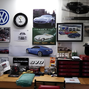 Garage Wall with Car Posters, Tools, and Memorabilia - Phil's from High Point, NC