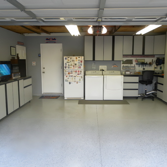 Modern garage with storage cabinets and workspace - Big Red from Anaheim hills, CA