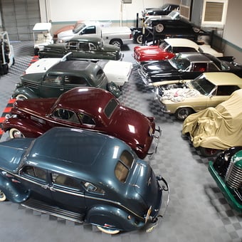 Classic Car Garage with Checkered Flooring and Car Covers - Steve