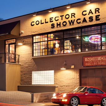 Classic Garage Exterior with Neon Signs and Vintage Car - Collector Car Showcase from Oyster Bay, NY