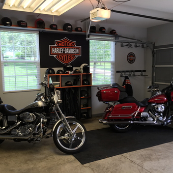 Organized Harley Garage with Motorcycles and Helmet Storage - Rick from Wentzville, MO