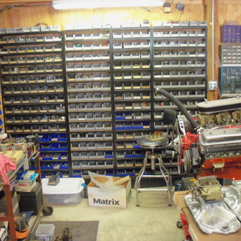 Organized Garage with Parts Bins and Engine Project - Father & Son's from Foley, MO