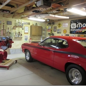 Classic Red Muscle Car and Engine in Decorated Garage - Tony from Howell, MI