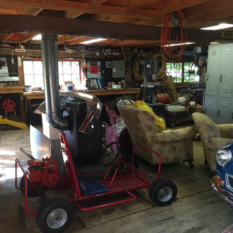 Organized garage with lockers, go-kart, and workbench - Rover7 from Eliot, ME