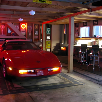 Classic Car Garage with Neon Signs and Bar Stools - Harry Rund from South Saint Paul, Mn.