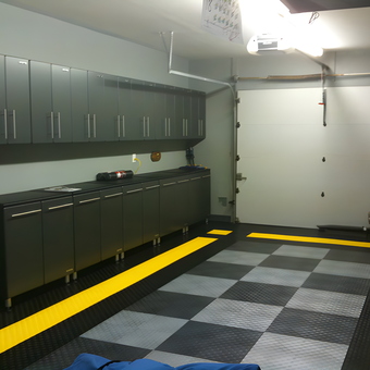 Modern garage with storage cabinets and tile flooring - Tex from Onsted, MI