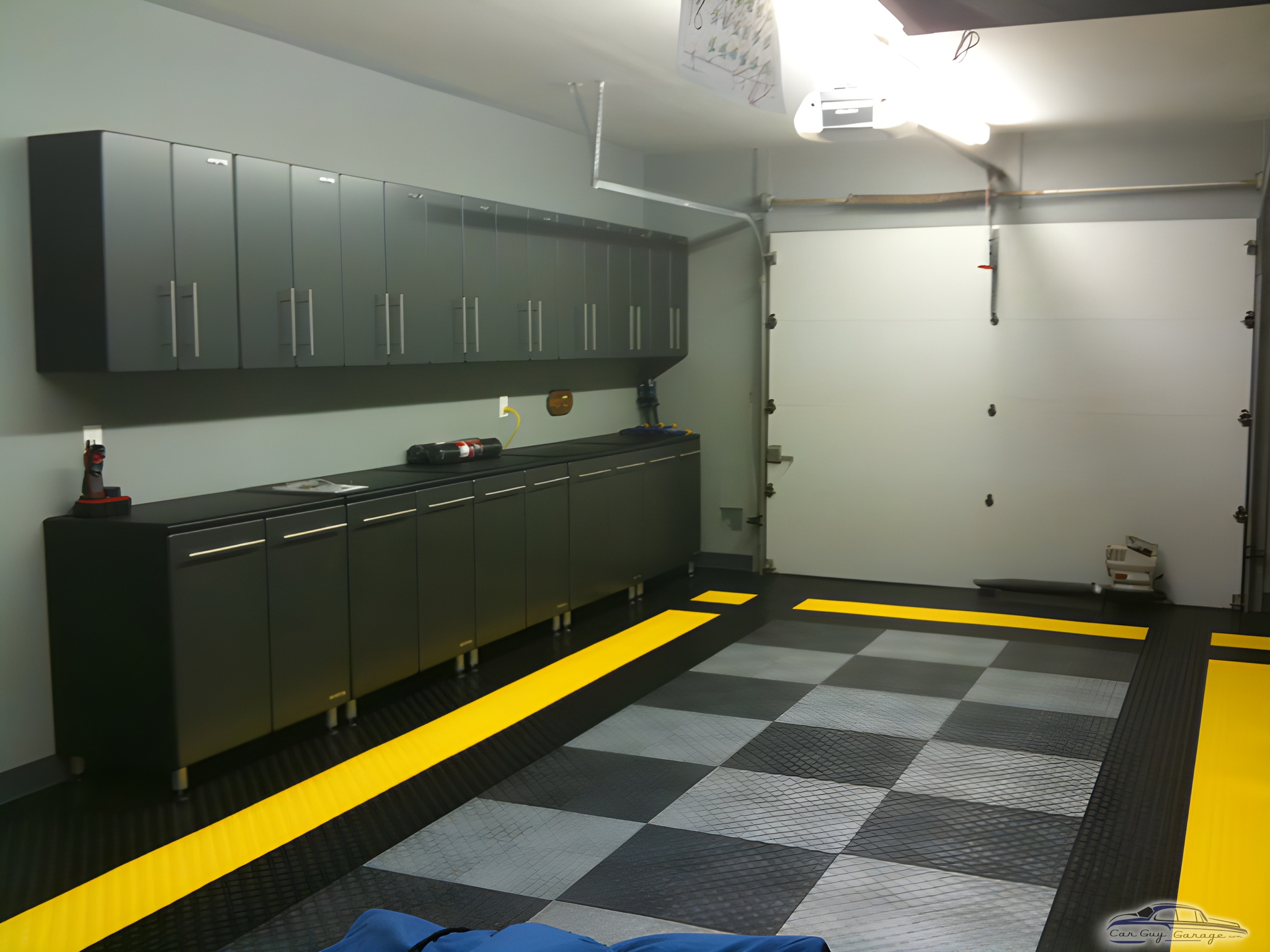 Modern garage with storage cabinets and tile flooring - Tex from Onsted, MI