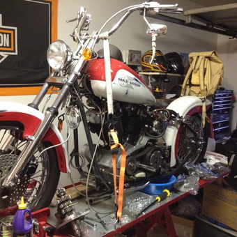 Harley-Davidson motorcycle on lift with tools and parts - Oldharley from St Helens, Oregon