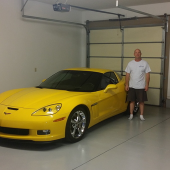 Clean garage with yellow Corvette and epoxy floor - Terry Deutscher from Solomon, Kansas