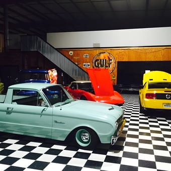 Classic Cars, Checkered Floor, Gulf Sign Display - CAR BARN from ATHENS, Georgia