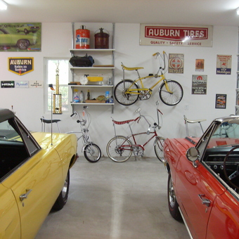 Classic Car Garage with Bicycles and Vintage Signs - airgrabber from Oconomowoc, WI