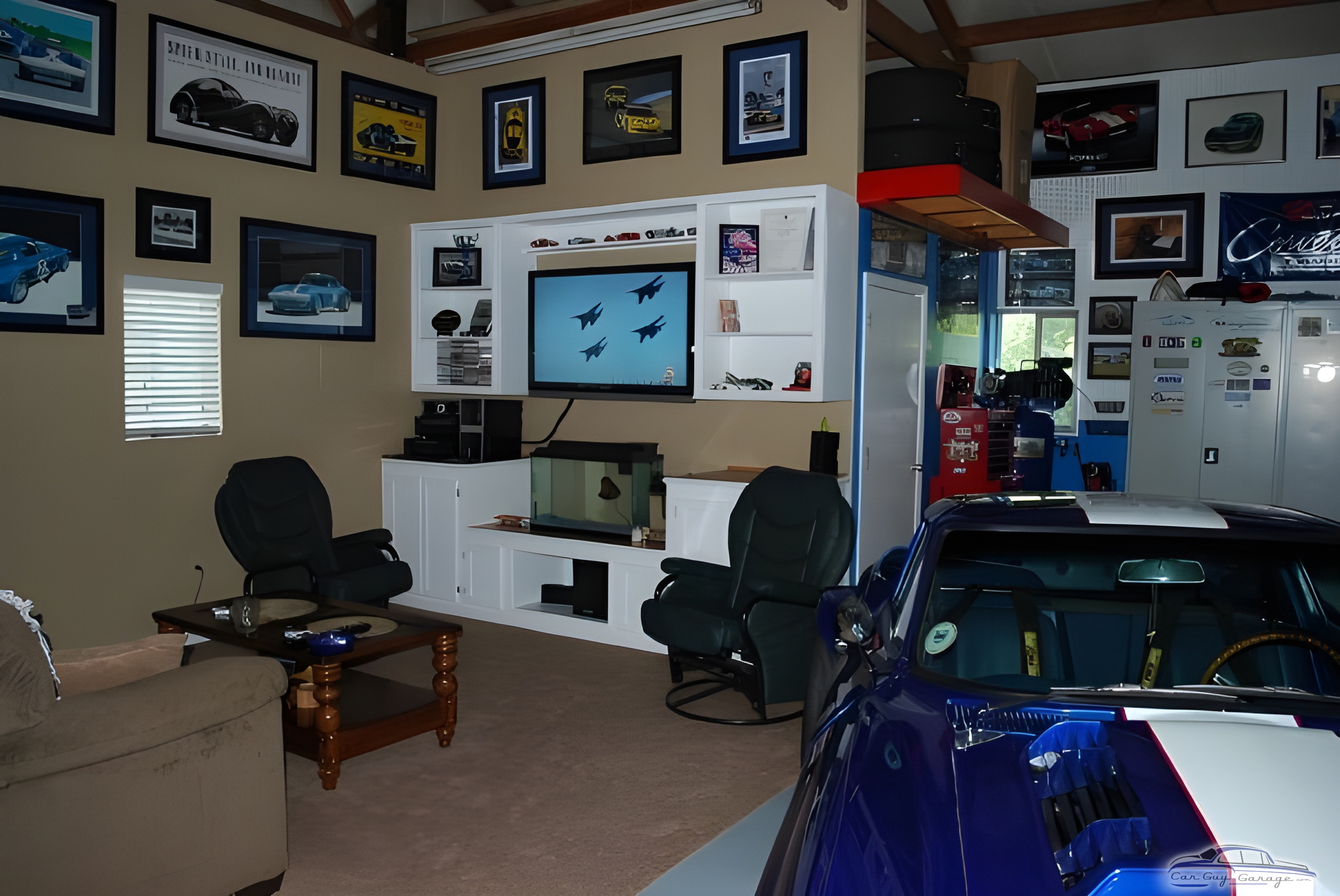 Garage lounge with car memorabilia and display wall - Be your own hero from Fall Branch, tn