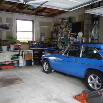 Organized garage with blue classic car and storage - Robin from Edinburgh, Midlothian