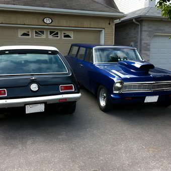 Classic Wagon and Blue Muscle Car in Driveway - Buktooth from Guelph, Ontario
