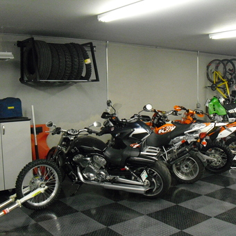 Motorcycle Storage with Wall Tire Rack and Cabinets - Tim from Durango, CO