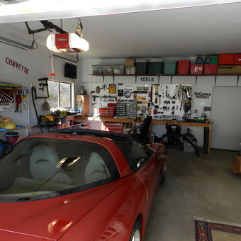 Organized garage with Corvette, tool wall and storage bins - Lane from Placerville, Ca