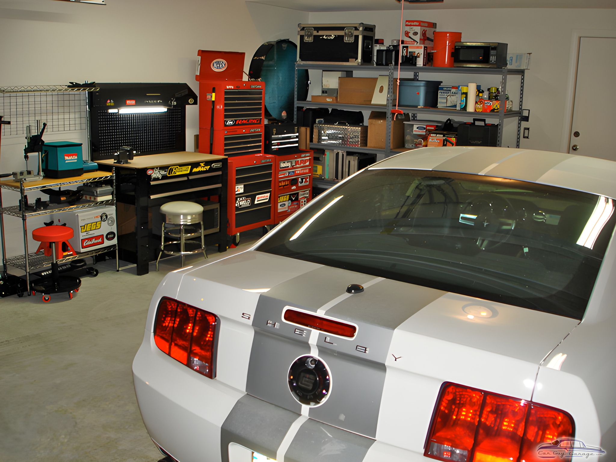 Organized garage with tool chests and Shelby Mustang - Jer from Chicago, IL