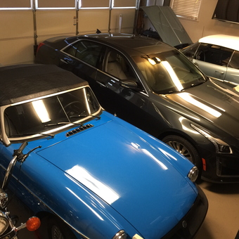 Classic Cars, Modern Sedan, and Motorcycle in Organized Garage - Dennis from Virginia Beach, VA