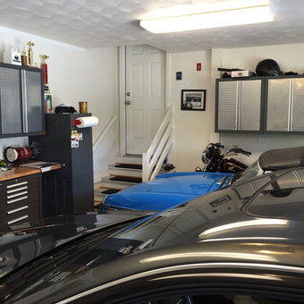 Organized Garage with Diamond Plate Cabinets and Cars - Dennis from Virginia Beach, VA