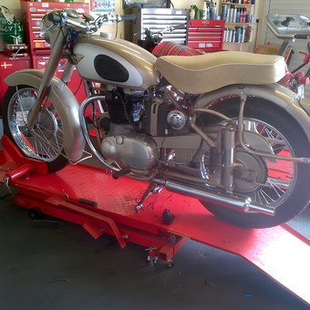 Classic Motorcycle on Red Lift with Tool Cabinets - Tiger Cub Man of Miskin from Pontclun, RCT South Wales