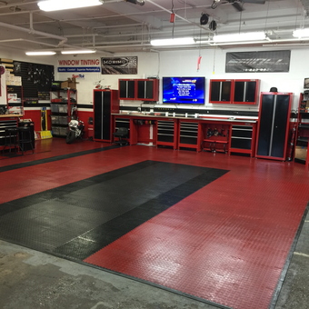 Red and Black Garage Cabinets with Floor Tiles - Nextlevel Tint from Mamaroneck, NY