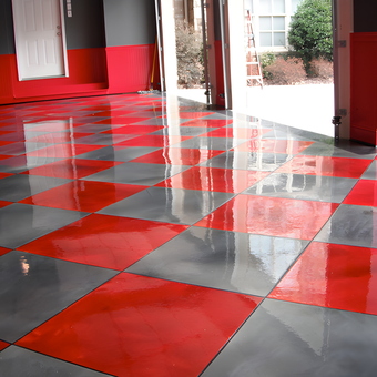 Red and Gray Checkerboard Garage Floor Tiles - Atlanta Concrete Artist from Alpharetta, GA
