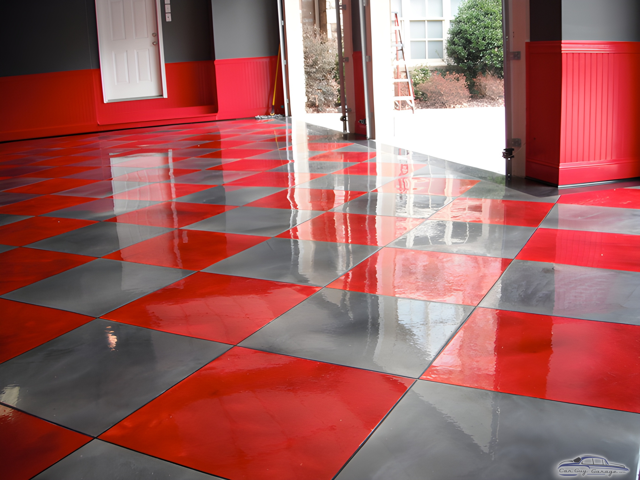 Red and Gray Checkerboard Garage Floor Tiles - Atlanta Concrete Artist from Alpharetta, GA