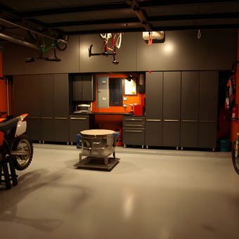 Modern garage with storage cabinets and bike racks - John from Chicago, IL