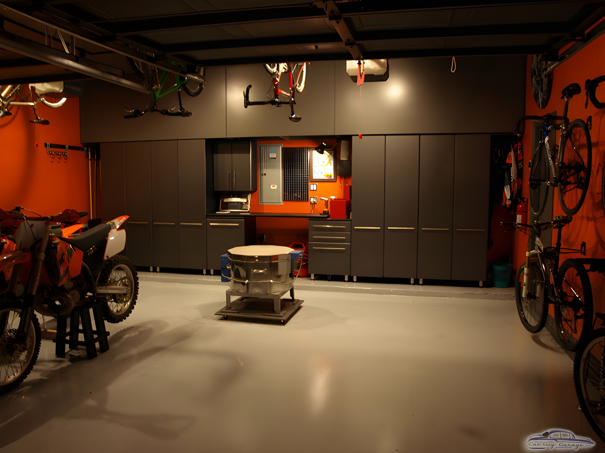 Modern garage with storage cabinets and bike racks - John from Chicago, IL