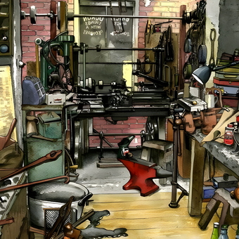 Vintage garage with anvil, lathe, and tools - ABmotorART from LE MANS