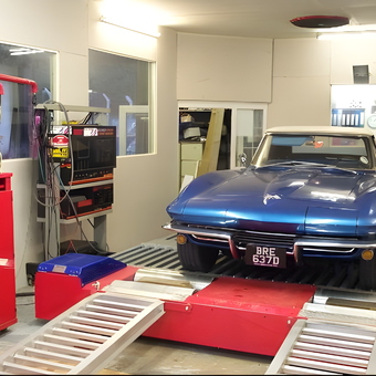 Classic Corvette on Dyno Roller in Tuning Garage - Enginetuner from Plymouth, Devon