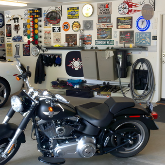 Custom Garage With Metal Signs and Cabinets - Steve from Morgan Hill, CA
