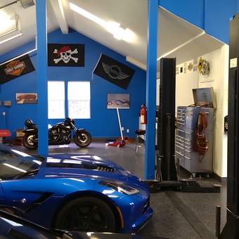 Blue sports car, motorcycle, car lift, tool chest garage - Robert Scheer from Canyon Country, CA
