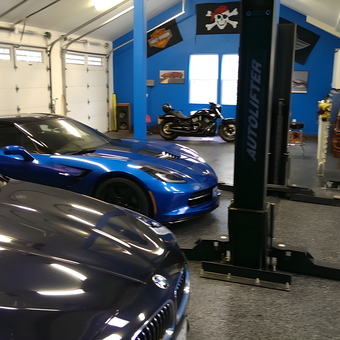 Luxury Cars, Motorcycle, and Car Lift in Blue Garage - Robert Scheer from Canyon Country, CA