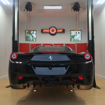 Ferrari on Two-Post Lift with Speed Shop Sign - Joe from Crestview Hills, Kentucky