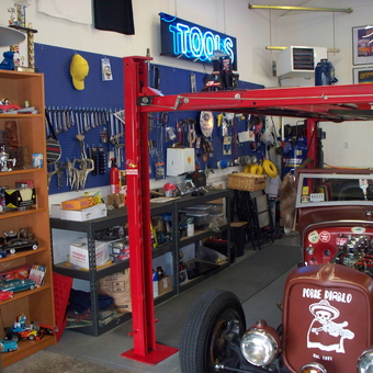 Classic car garage with tools and collectibles - Safari Joe from Sun City, Arizona