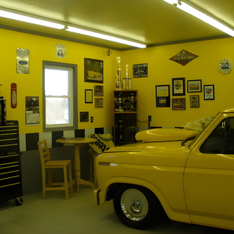 Yellow garage with classic car, tool chest, and trophies - Keith from Brookville, PA
