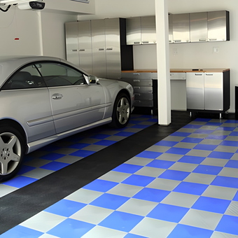 Modern Garage with Blue Tile Flooring and Cabinets - Dennis from San Clemente, CA