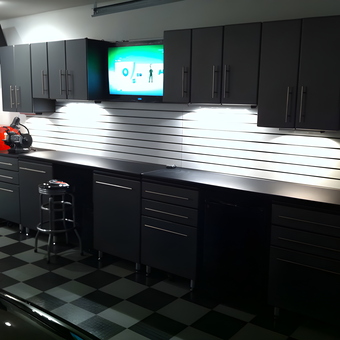 Modern garage cabinets with tool chest and slatwall - David from Spring, TX